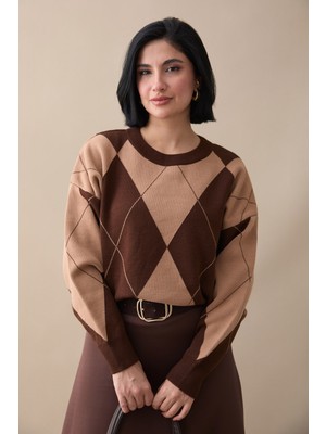 inStyle Baklava Desen Triko Kahverengi Tunik