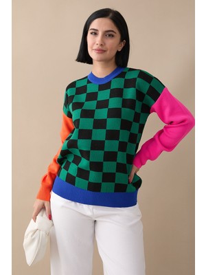 inStyle Monsa Kare Ekose Desen Triko Kazak - Yeşil