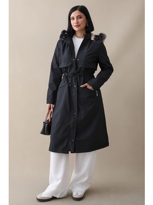 inStyle Cebi Fermuarlı Deri Detay Içi Kürklü Kaban - Siyah