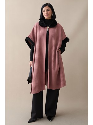 inStyle Kürk ve Broş Detaylı Gül Kurusu Panço