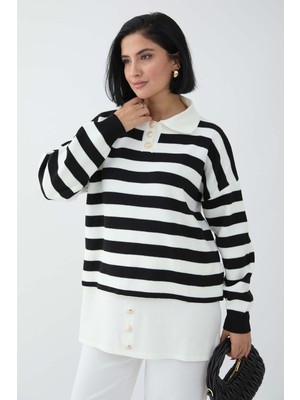 inStyle Etek Ucu Düğme Detaylı Siyah Triko Tunik