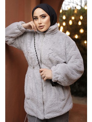 inStyle Tünel Bağcıklı Içi Astarlı Peluş Mont - Gri
