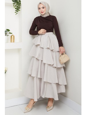 inStyle Fırfırlı Kat Kat Uzun Modal Etek Taş