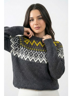 inStyle Yakası Desenli Gri Triko Kazak