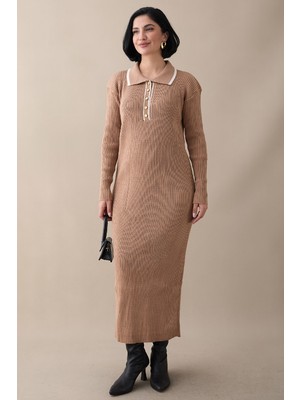 inStyle Yakası Biyeli Camel Triko Elbise