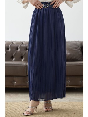 inStyle Kemerli Beli Büzgü Şifon Etek - Lacivert