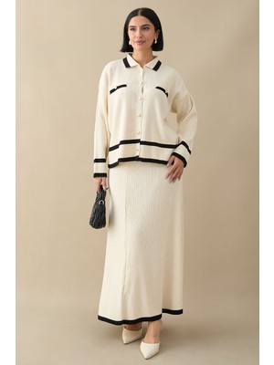 inStyle Etek Ucu Şeritli Hırkalı Ekru Triko Takım