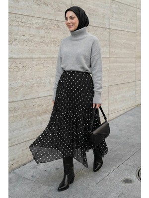 inStyle Puantiye Desen Asimetrik Siyah Kırışık Şifon Etek