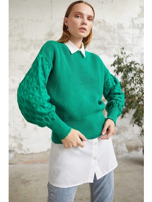 inStyle Larisa Balon Kol Triko Kısa Kazak - Yeşil