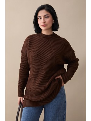 inStyle Kabartma Çizgili Desen Acı Kahve Triko Tunik