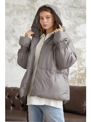 inStyle Monika Kolları Büzgülü Kısa Mont - Gri