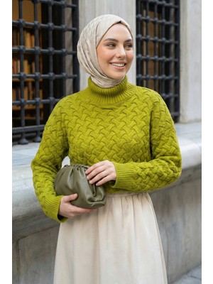 inStyle Örgülü Yağ Yeşili Balıkçı Yaka Triko Kazak