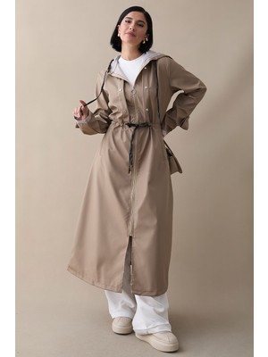 inStyle Çakımlı Çizgili Desen Uzun Bej Trençkot