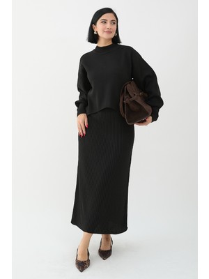 inStyle Balon Kollu Elbiseli Siyah Triko Takım