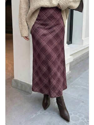 inStyle Çizgili Ekose Desen Bordo Saten Etek