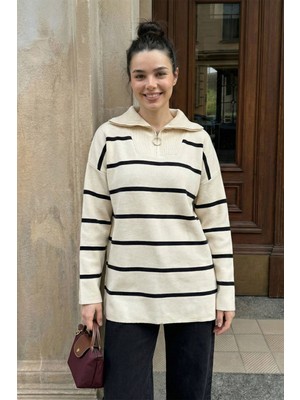 inStyle Maroya Çizgili Triko Kazak - Ekru