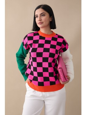 inStyle Monsa Kare Ekose Desen Triko Kazak - Fuşya