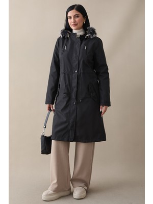 inStyle Fermuar Detay Kürklü Kaban - Siyah