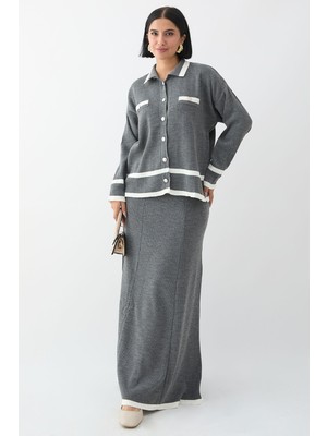 inStyle Etek Ucu Şeritli Hırkalı Antrasit Triko Takım