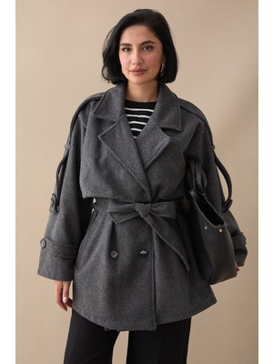 inStyle Oversize Kaşe Kumaş Astarsız Antrasit Kısa Kaban