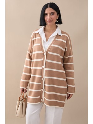 inStyle Salaş Şeritli Camel Triko Hırka