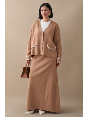 inStyle Dikiş Detay Etekli Camel Triko Takım