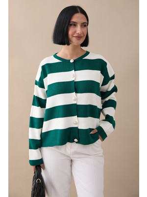 inStyle Gold Düğmeli Şeritli Zümrüt Yeşili Triko Hırka