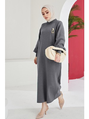 inStyle Mina Balon Kol Triko Elbise - Antrasit