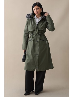 inStyle Cebi Fermuarlı Deri Detay Içi Kürklü Kaban - Haki