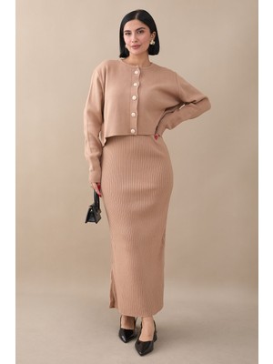 inStyle Hırkalı Fitilli Ikili Bej Triko Takım