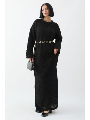 inStyle Desenli Ajurlu Siyah Triko Elbise