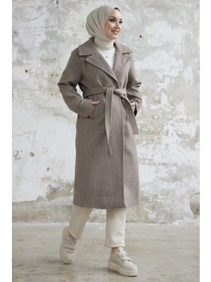 inStyle Simon Çizgili Desen Kuşaklı Kaşe Kaban - Kahve