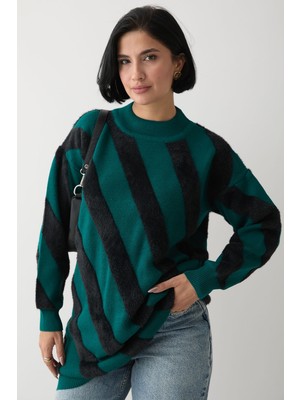 inStyle Yumoş Çift Şeritli Zümrüt Triko Kazak