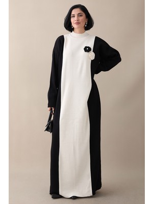 inStyle Çiçek Detay Çift Renk Siyah Triko Elbise