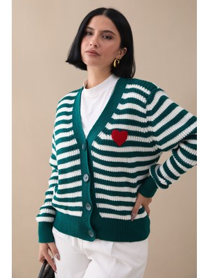 inStyle Kalpli Şeritli Zümrüt Yeşili Triko Hırka