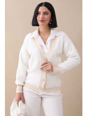 inStyle Cep Detaylı Tüylü Beyaz Triko Hırka