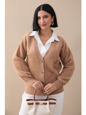 inStyle Cep Detaylı Tüylü Camel Triko Hırka