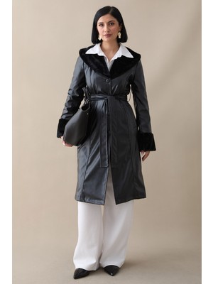 inStyle Kürk Detaylı Siyah Deri Trençkot