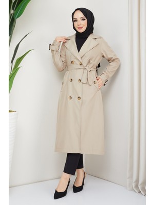 inStyle Kruvaze Yaka Kuşaklı Taş Trençkot Bondit Kumaş Özellikli Şık Tasarım
