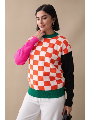 inStyle Monsa Kare Ekose Desen Triko Kazak - Oranj