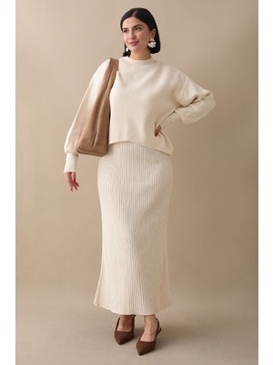 inStyle Balon Kollu Elbiseli Ekru Triko Takım