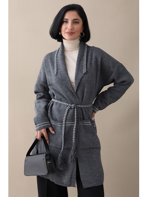 inStyle Örgü ve Sim Detaylı Antrasit Triko Ceket