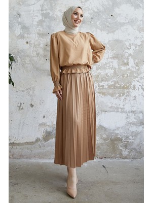 inStyle Alfea Deri Görünümlü Etek - Koyu Bej