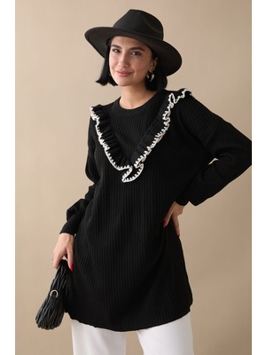 inStyle Fırfırlı Dikiş Detay Siyah Triko Kazak
