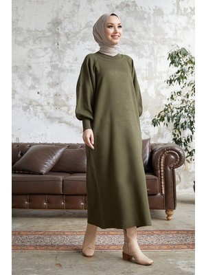 inStyle Mina Balon Kol Triko Elbise - Haki