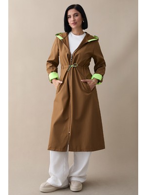 inStyle Beli Büzgülü Kapüşonlu Neon Trenç - Taba \ Yeşil