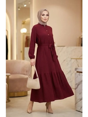 Bürümcük Kumaş Kuşaklı Tesettür Elbise 2236-03 Vişne