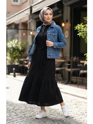 Bürümcük Kumaş Kuşaklı Tesettür Elbise 2236-06 Siyah