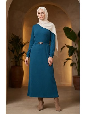 Fitilli Kuşaklı Tesettür Elbise 2226-03 Petrol