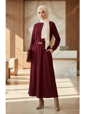 Fitilli Kuşaklı Tesettür Elbise 2226-05 Bordo